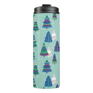 Christmas trees, blue background thermal tumbler