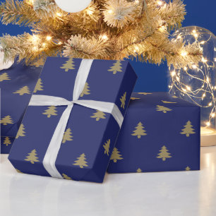 Christmas Trees blue gold simple modern cute Wrapping Paper