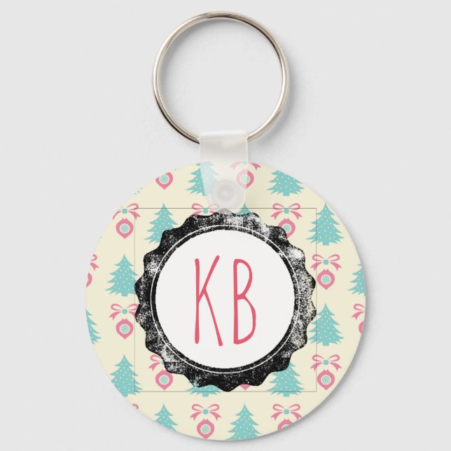 Christmas Trees, Bows & Baubles Pattern Monogram Key Ring (Front)