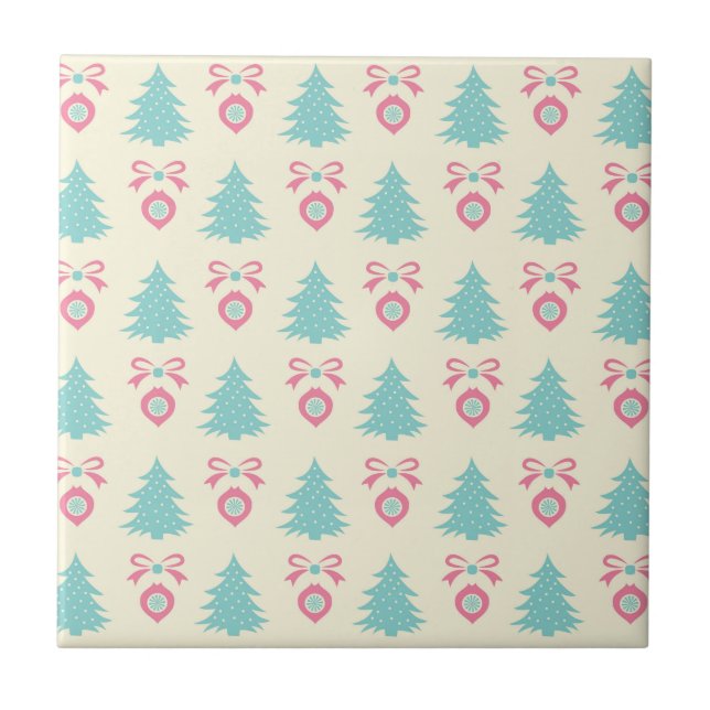 Christmas Trees, Bows & Baubles Retro Pattern Ceramic Tile (Front)