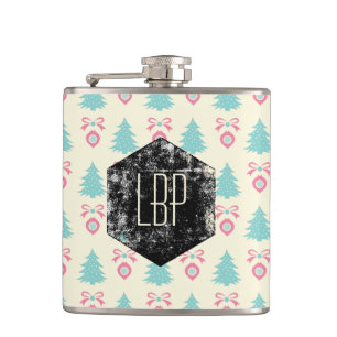 Christmas Trees, Bows & Baubles Retro Pattern Hip Flask