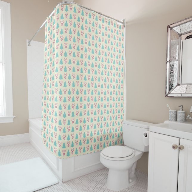 Christmas Trees, Bows & Baubles Retro Pattern Shower Curtain (In Situ)