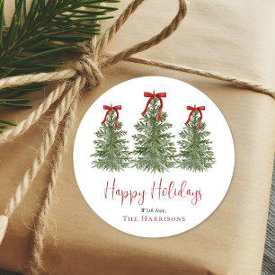 Christmas Trees Bows Watercolor Happy Holidays Classic Round Sticker