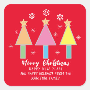 Christmas Trees Custom Family Name Cool Cute Red  Square Sticker