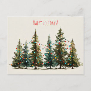 Christmas trees decorated with colorful garland, postcard