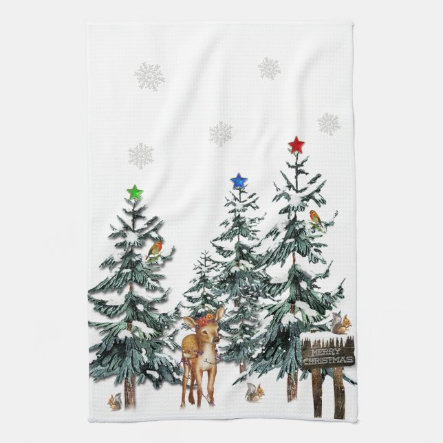 Christmas Trees  Deer Birds Snowflakes Winter Tea Towel (Vertical)