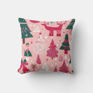 Christmas trees deer snowflakes pink Throw Pillow