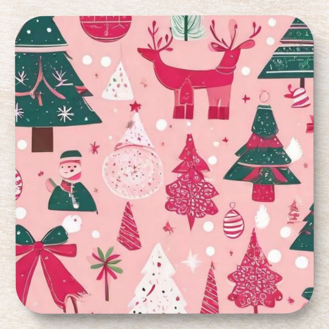 Christmas trees deer snowflakes pink Throw Pillow Coaster (Front)