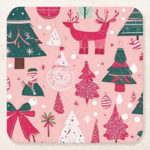 Christmas trees deer snowflakes pink Throw Pillow Square Paper Coaster