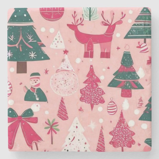 Christmas trees deer snowflakes pink Throw Pillow Stone Coaster (Front)
