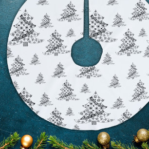 Christmas Trees Doodle Pattern Black & White Brushed Polyester Tree Skirt