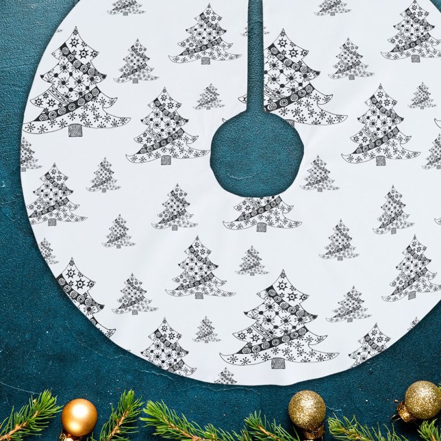Christmas Trees Doodle Pattern Black & White Brushed Polyester Tree Skirt (Creator Uploaded)