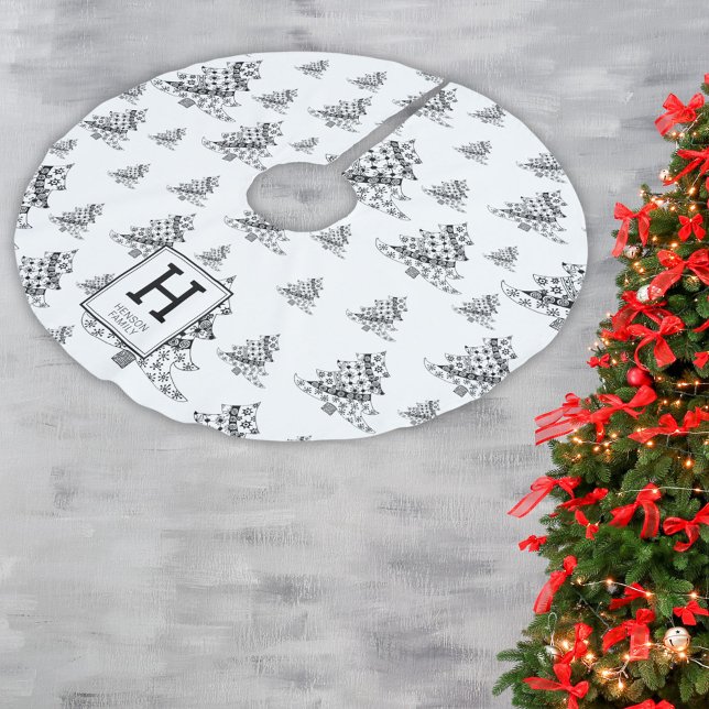 Christmas Trees Doodle Pattern Monogram Brushed Polyester Tree Skirt (Creator Uploaded)