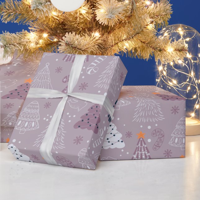 Christmas Trees Doves Snowflakes Grey Christmas Wrapping Paper (Holidays)