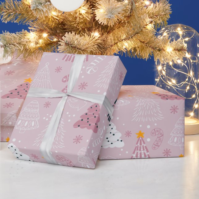 Christmas Trees Doves Snowflakes Pink Christmas Wrapping Paper (Holidays)