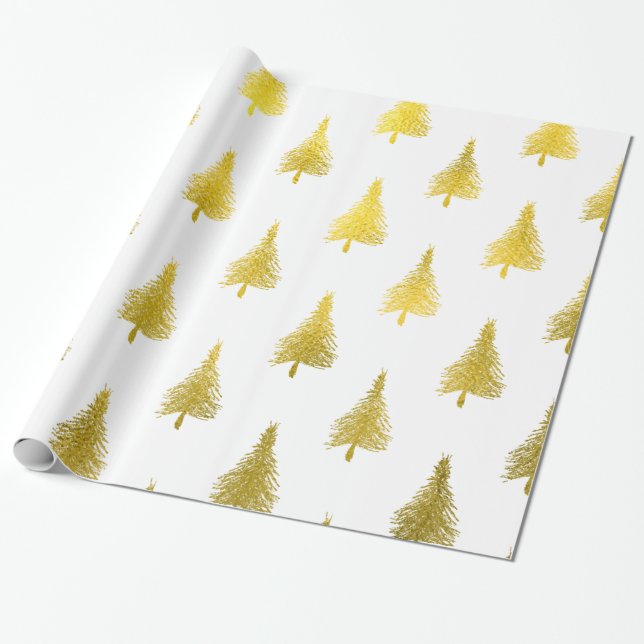Christmas Trees Faux Gold Foil Holiday Pattern Wrapping Paper (Unrolled)