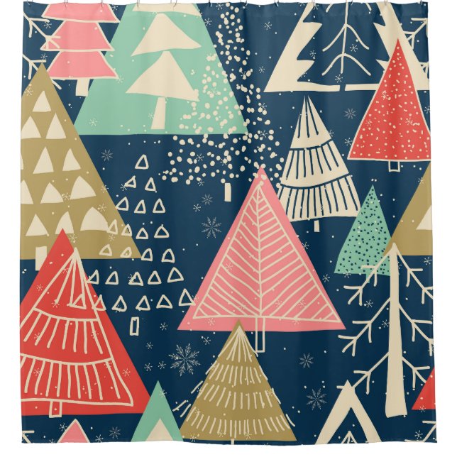 Christmas Trees Festive Seamless Illustration. Shower Curtain (Front)