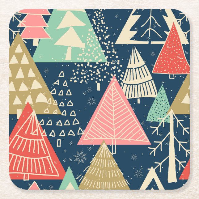 Christmas Trees Festive Seamless Illustration. Square Paper Coaster (Front)