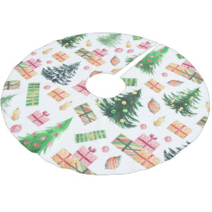 Christmas Trees Gifts Ornaments Pastel Watercolors Brushed Polyester Tree Skirt