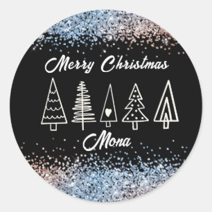 Christmas trees glitter custom name classic round sticker