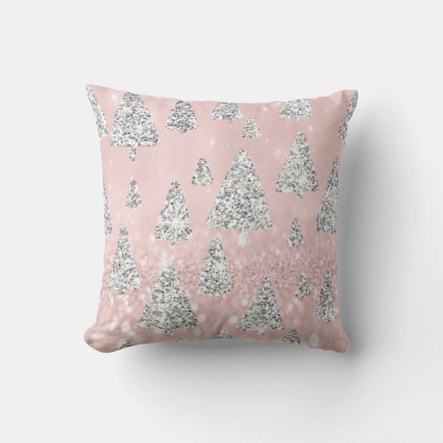 Christmas Trees Glitter Silver Grey Winter Rose Cushion (Front)
