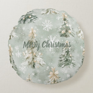 Christmas Trees Gold Bows Snowflakes Round Cushion