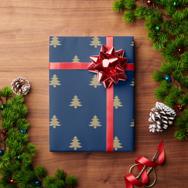 Christmas Trees gold & dark navy blue pattern  Wrapping Paper (Holiday Gift)