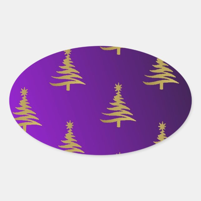 Christmas Trees Gold on Purple Oval Sticker (Front)