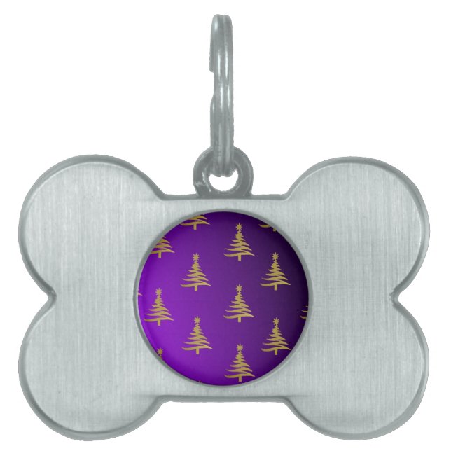 Christmas Trees Gold on Purple Pet ID Tag (Front)