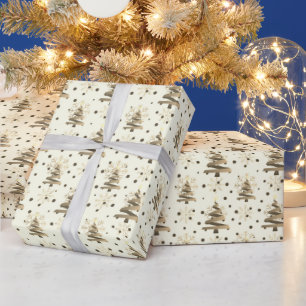 Christmas Trees & Gold Snowflakes, Sepia Tones Wrapping Paper