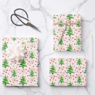 Christmas Trees & Gold Snowflakes Wrapping Paper Sheet