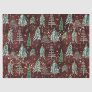 Christmas Trees Gold Twinkle Stars Burgundy Wood Tissue Paper