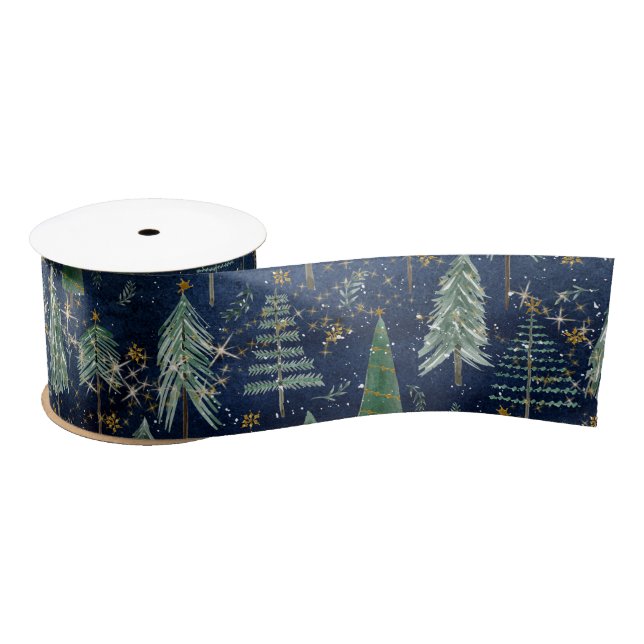 Christmas Trees Gold Twinkle Stars Navy Blue Wood Satin Ribbon (Spool)