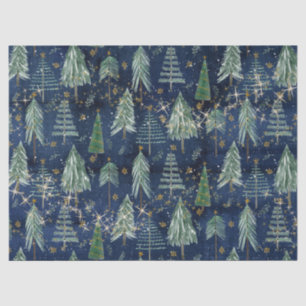 Christmas Trees Gold Twinkle Stars Navy Blue Wood Tissue Paper