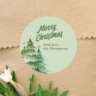 Christmas Trees Green Watercolor Custom Classic Round Sticker