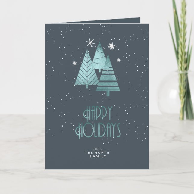 Christmas Trees Happy Holidays Teal ID863 Holiday Card (Front)