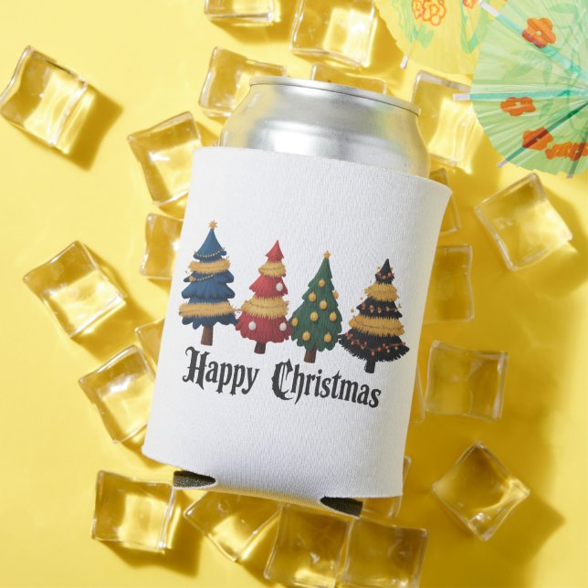 Christmas Trees Holiday Happy Christmas Grunge Can Cooler (In Situ Summer)
