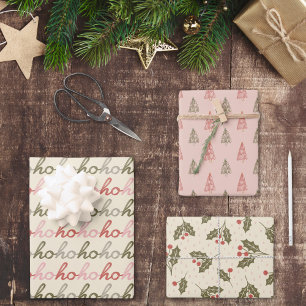 Christmas trees, Holly & Hohoho Calligraphy Wrapping Paper Sheet