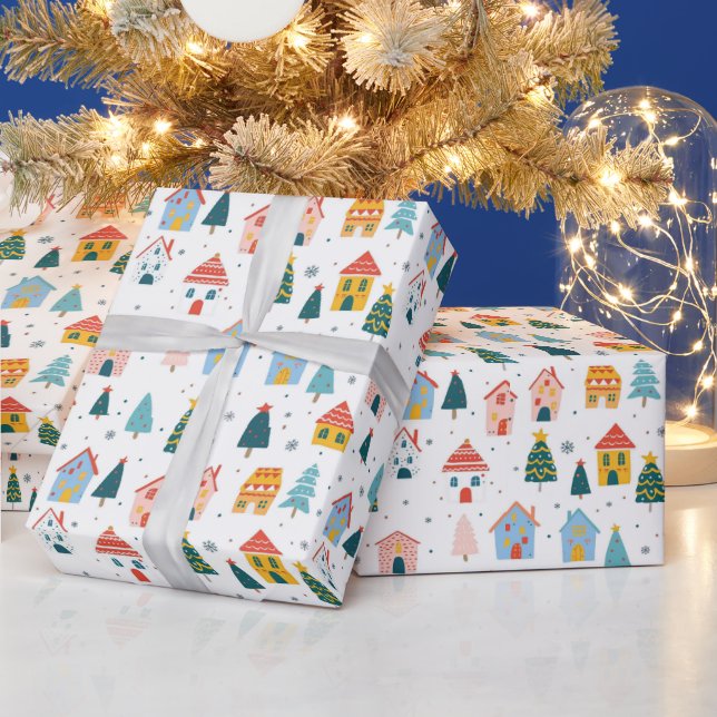 Christmas Trees & Houses On A White Background Wrapping Paper (Holidays)