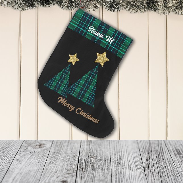 Christmas Trees in Green Plaid Gold Star Large Christmas Stocking (Creator Uploaded)