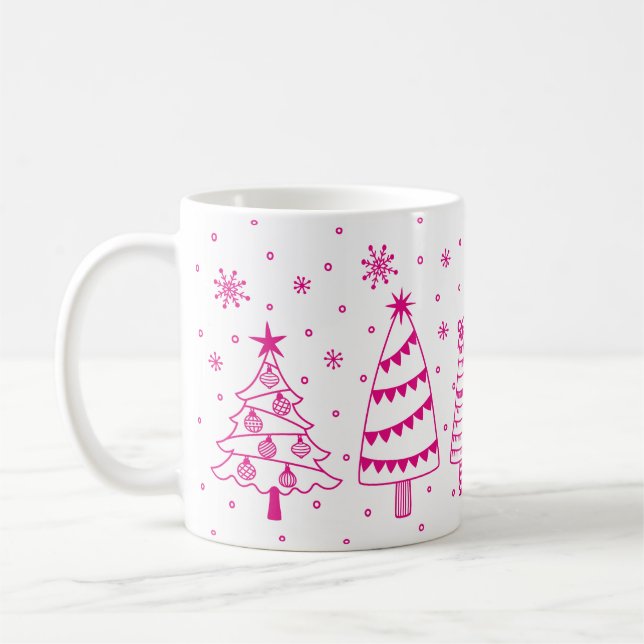 Christmas Trees in Snow Pink and White Inky Doodle Coffee Mug (Left)