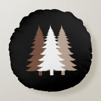 Christmas Trees In White & Chocolate Brown Tones Round Cushion
