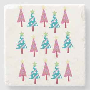Christmas Trees Marble Stone Coaster, Pink & Blue Coaster