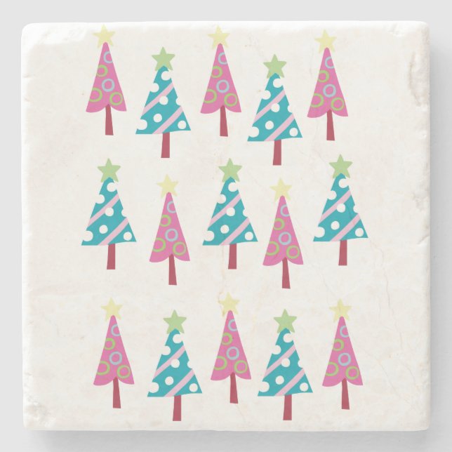 Christmas Trees Marble Stone Coaster, Pink & Blue Coaster (Front)