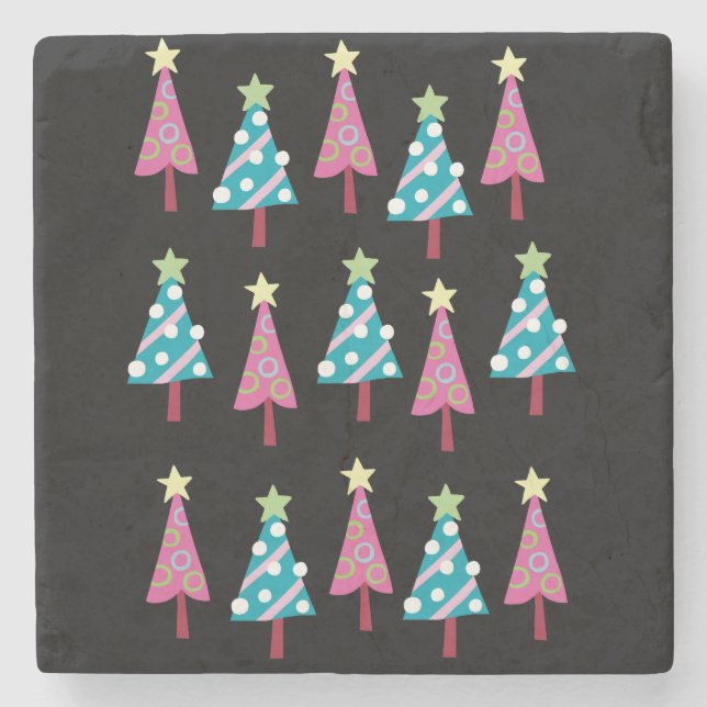 Christmas Trees Marble Stone Coaster, Pink & Blue Coaster (Front)