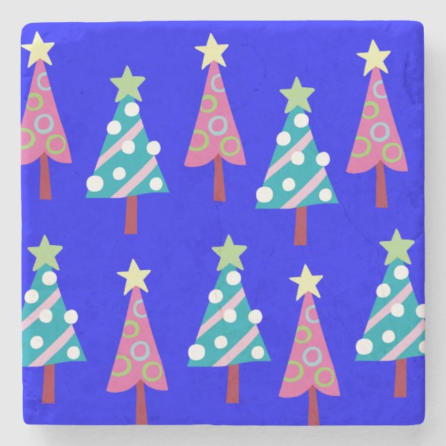 Christmas Trees Marble Stone Coaster, Pink & Blue Stone Coaster (Front)