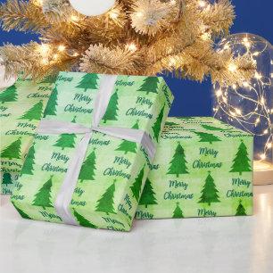 Christmas Trees Merry Christmas Bright Blue Green Wrapping Paper