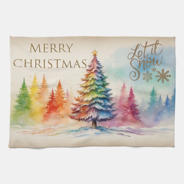Christmas Trees Merry Christmas Let It Snow Tea Towel (Horizontal)