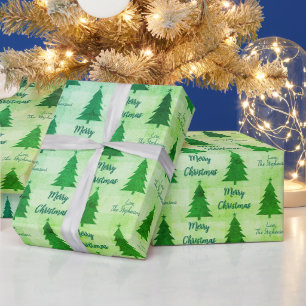 Christmas Trees Merry Christmas Name Green Blue Wrapping Paper