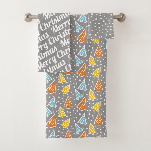 Christmas trees "Merry Christmas" snow grey rustic Bath Towel Set (Insitu)